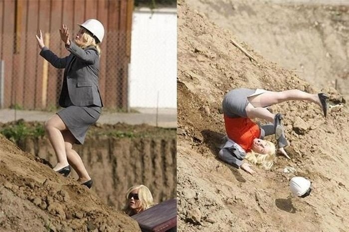 en pose med cement faldt på kvinden