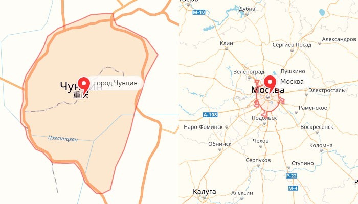 Mappa comparativa dell'area di Chongqing-Mosca