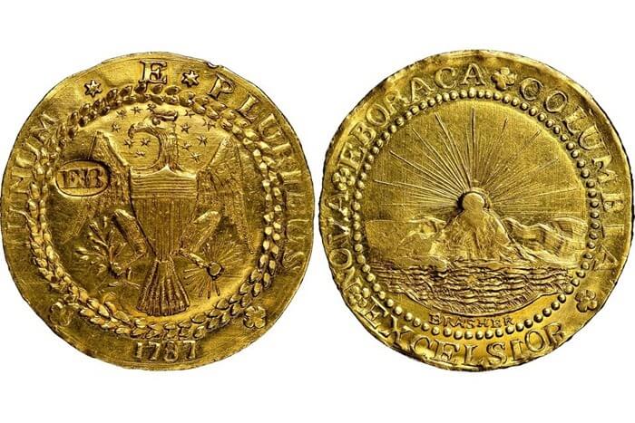 เหรียญกษาปณ์ของ Brasher ที่มีชื่อย่อว่า EB ที่ปีกปี 1787