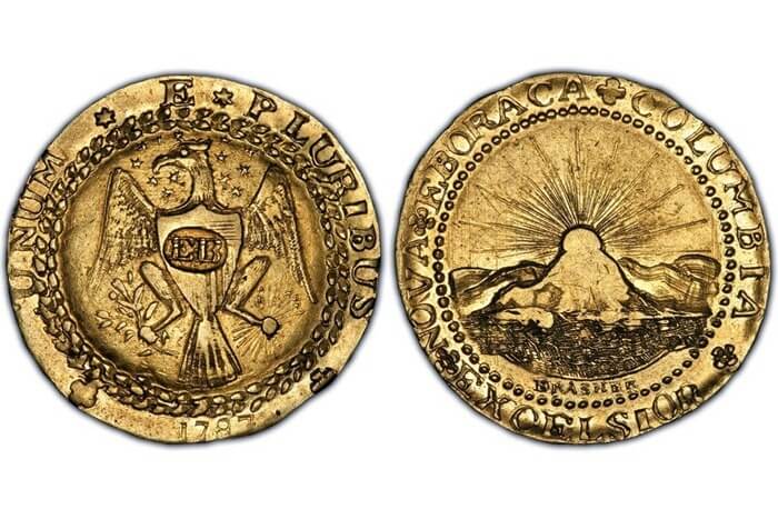 เหรียญกษาปณ์ของ Brasher ที่มีชื่อย่อว่า EB ที่หน้าอก พ.ศ. 2330