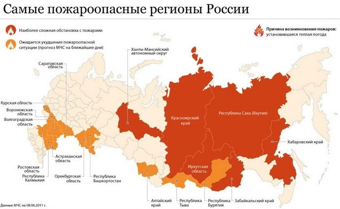 Mapa de las regiones más inflamables de Rusia