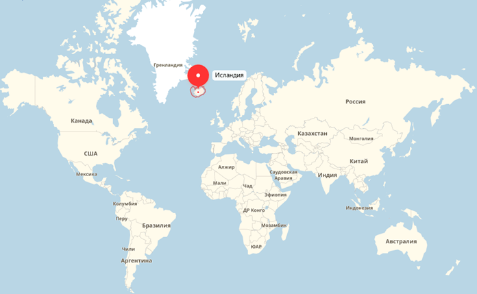Islândia no mapa mundial