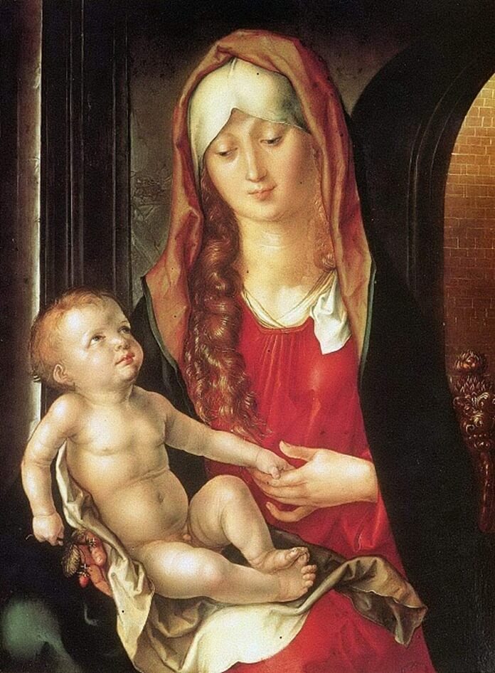 Virgen y el niño frente al arco